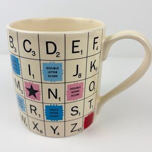 Scrabble Coffee Mug Cup 2014 Wild & Wolf Ivory with Pink Blue Red Tile Design